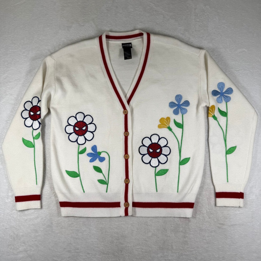 Marvel BoxLunch Spider-Man Floral Embroidered Cardigan White Red Small Sweater
